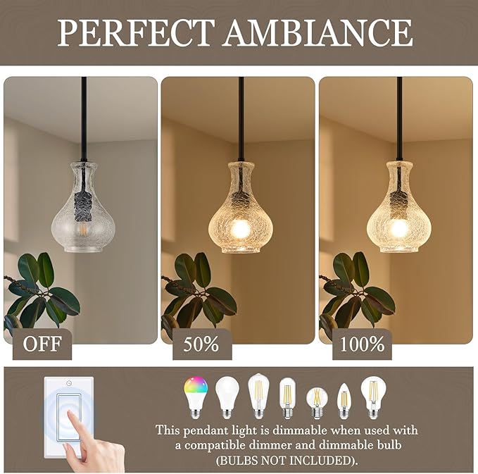 Black Pendant Lights Kitchen Island, 5.9" Unique Crackle Glass Pendant Light Fixtures with Adjustable Rods, Modern Single Hanging Lighting for Kitchen Island, Sink, Bathroom, E26 Base