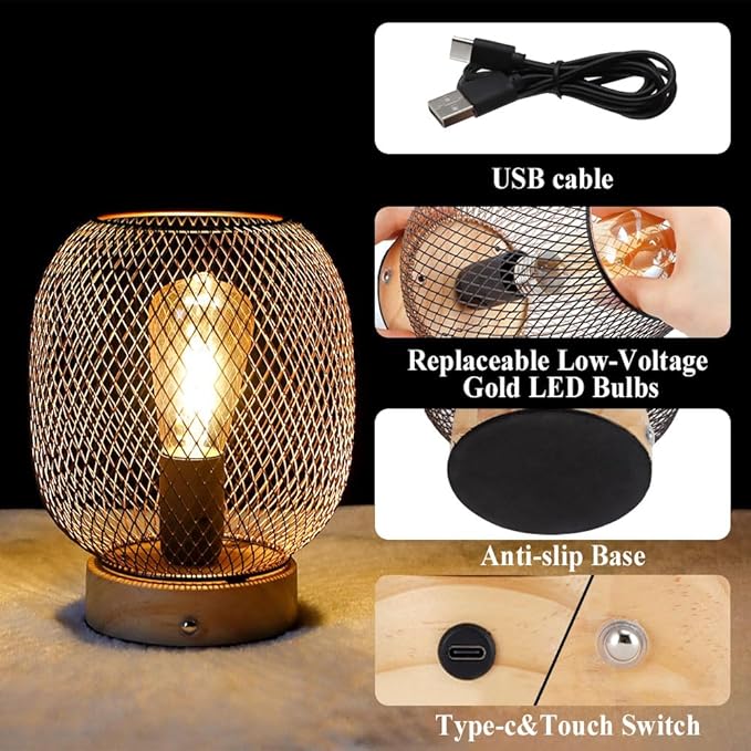 JHY DESIGN Set of 2 Dimmable Touch Bedside Table Lamps 7.5''H Metal Cage Rechargeable Battery Powered Accent Lamps with LED Bulb for Dining Table Parties Patio Indoors Outdoors(Round, Wooden Base)