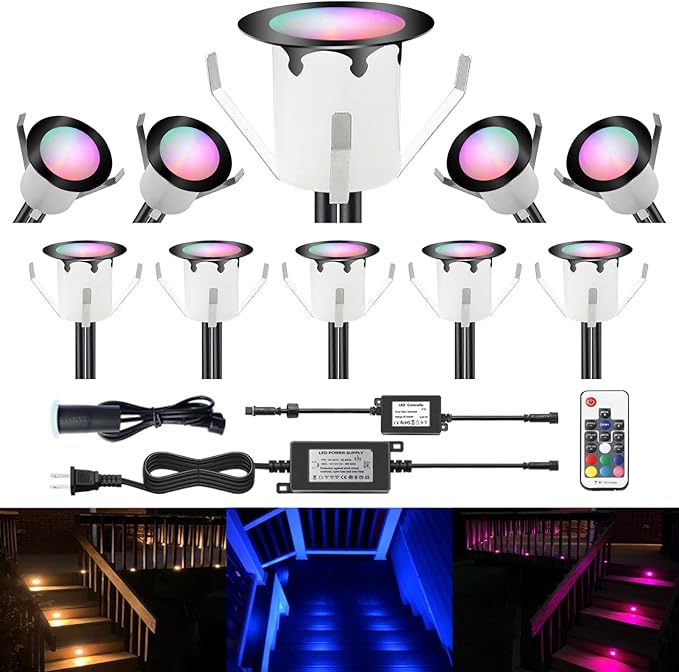 LED Outdoor Deck Lights with Photocell, Φ1.18in RGB 10 Pack Black, Low Voltage 12V IP67 Waterproof, Multi Color Changing Remote Dimmable, Electric Wired Recessed Stair Step Landscape Lighting