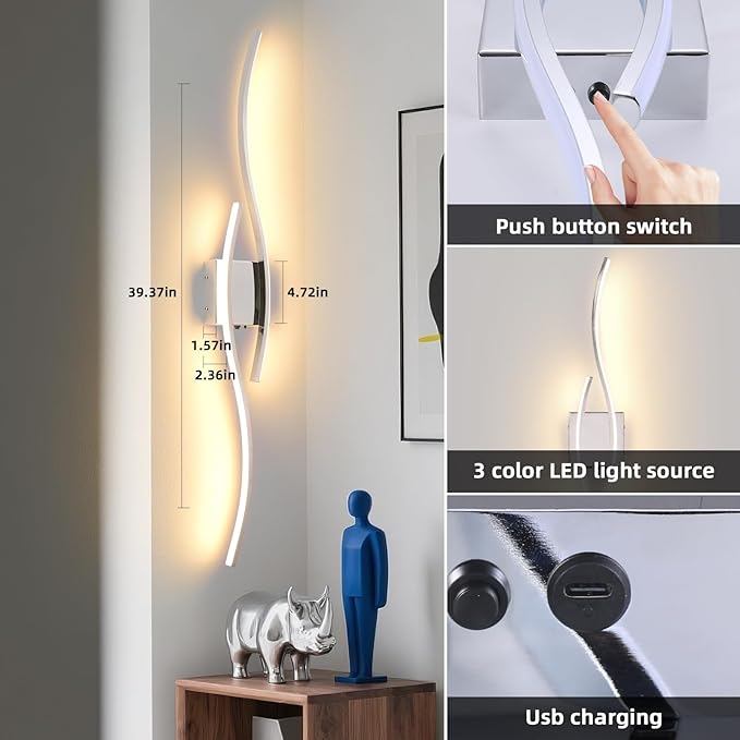 Battery Powered Wall Sconces Set of 2, Chrome 39" LED Dimmable Wall Sconce with Remote Control/Timer/Memory, USB Rechargeable Wall Lights for Living Room, Bedroom, Hallway Wireless scones Lighting