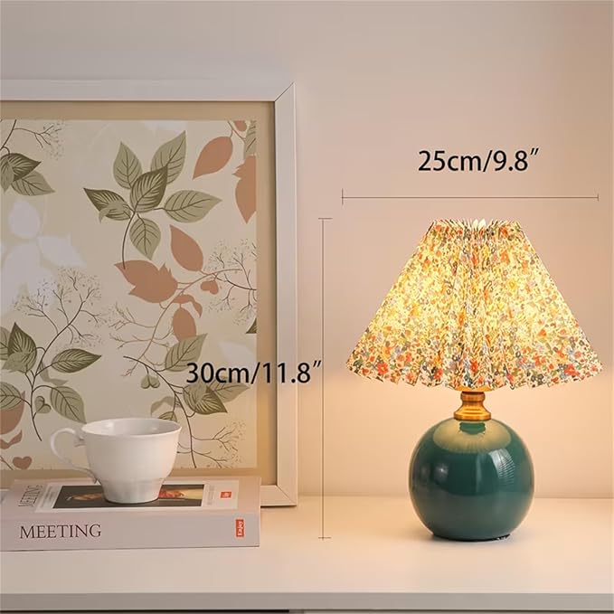 ikaufen Pleated Fabric Shade Table Lamp, Round Ceramic Base Lamp with Floral/Plain Design for Bedroom, Living Room & Desk (Emerald Green Floral Print)