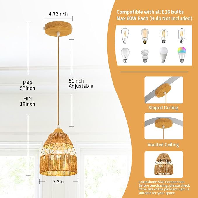 2 Pack Boho Rattan Pendant Light Kitchen Island,Farmhouse Chandeliers Adjustable Height Hanging lamp for Dining Room,Kitchen Ceiling Lights Fixtures with Hand Woven Wicker Lampshade Lighting