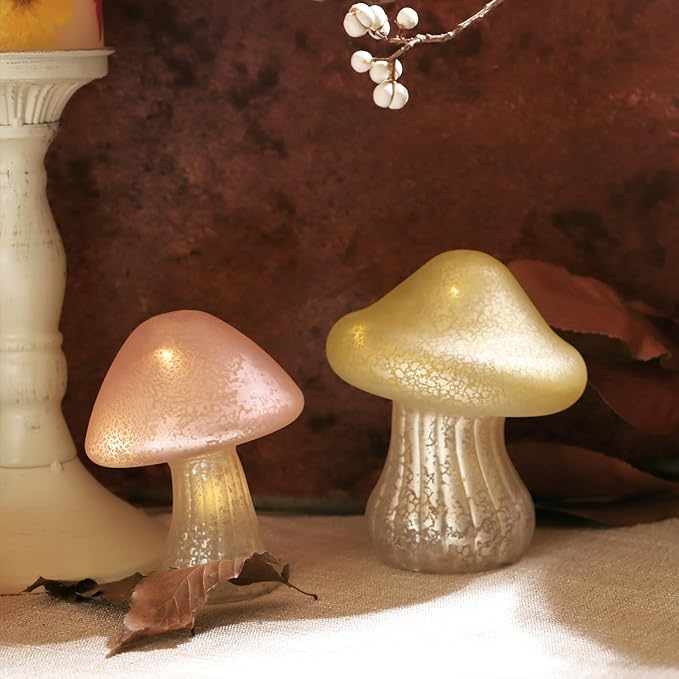Glass Mushroom Lamp Cute Lamps for Bedrooms Battery Operated Mushroom Night Light Funky Lamp Ideal for Indoor & Outdoor Garden Decor (Yellow, Set 1)