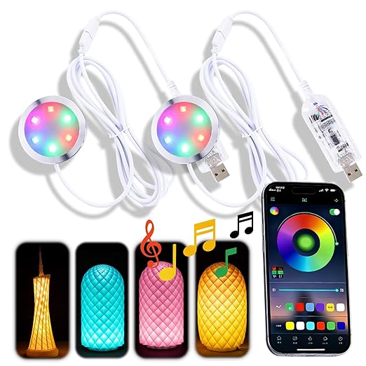 2Pack LED Lamp Kit 001 App Control for Bambu Lab 3D Printing, USB RGB LED Round Light with APP Cluster Control, DIY Lamp Making Kit for Craft Projects, Music Sync, 16M Colors, Memory Function (2)