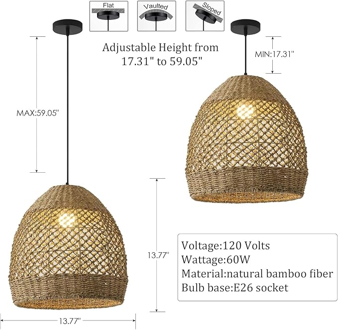 Rattan Pendant Light 13.77" Rustic Hand-Woven Wicker Hanging Light 1-Light Water Plants Rattan Chandelier for Dining Living Bedroom Kitchen Farmhouse
