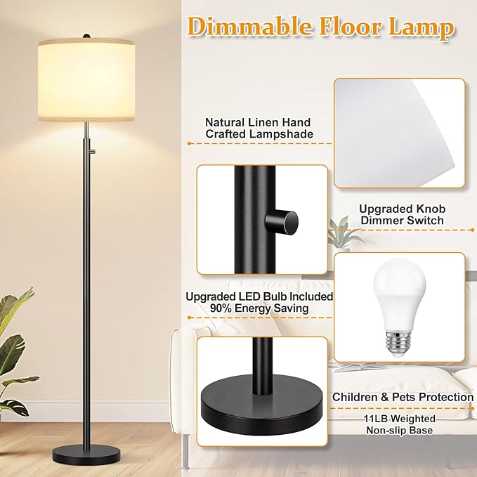 Nintiue 【Upgraded】 Dimmable Floor Lamp for Living Room, 11W LED Bulb Included, Modern Standing Lamp, Tall Pole Light with Linen Shade for Bedroom Reading Office Corner Nursery-Black