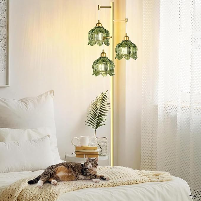 Glass Floor Lamp for Living Room,Bedroom,Gold Mid Century Modern Standing Lamp Brass Tree 3 Light Tall Floor Lamps Vintage Retro Floor Lights Green Flower Lamp Shade Farmhouse Boho Bohemian