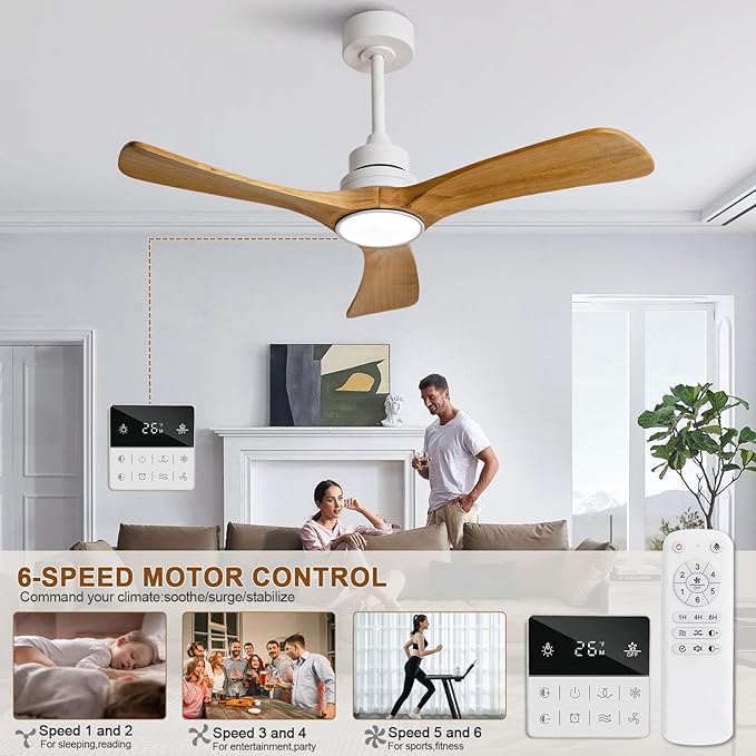 42 inch Ceiling Fan with Light and Remote Control,Wall Switch,Solid Wood Blades,Dimmable,Reversible Quiet DC Motor,Power Off Memory Modern White Ceiling Fan for Bedroom Patio Indoor/Outdoor Use