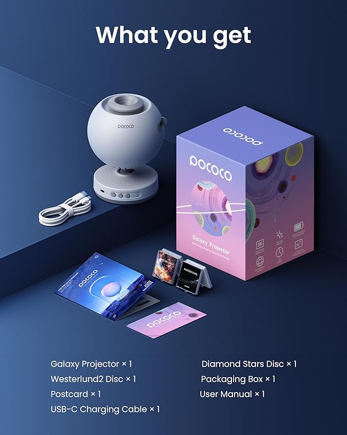 POCOCO Galaxy Star Projector for Bedroom with Replaceable Optical Film Discs, Home Planetarium Night Light Projector with High-Definition Soft Light for Relax, Study, and Meditate, Stress Relief Gifts