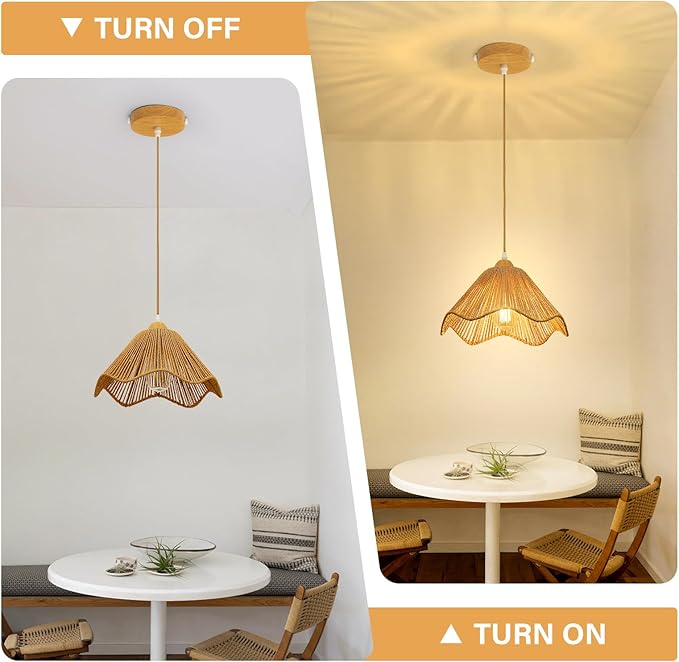 12.4" Wave Rattan Chandelier Pendant Lights Kitchen Island,Farmhouse Boho Chandeliers Adjustable Height Hanging lamp for Dining Room,Kitchen Ceiling Light Fixtures Hand Woven Wicker Lampshade