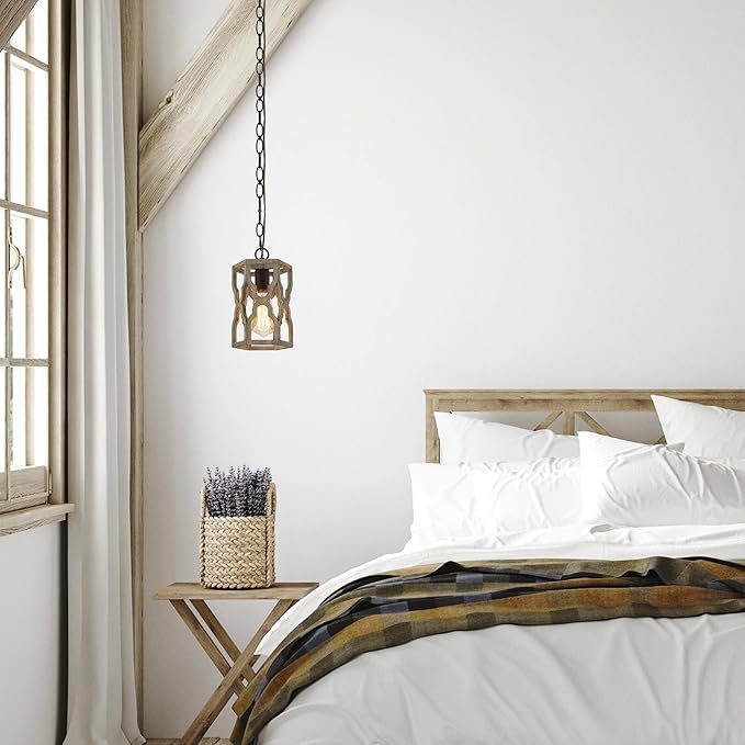 KSANA Farmhouse Wood Pendant Light, Cage Lantern Hanging Light Fixture for Kitchen Island, Foyer, Hallway, Bedroom and Entryway