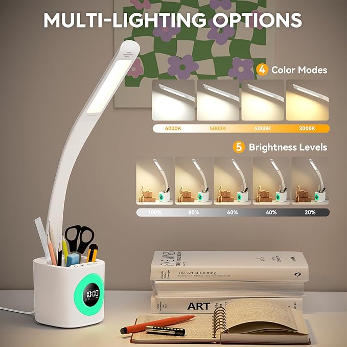 Hokone Desk Lamp for Kids, LED Desk Light for Home Office Dimmable USB Table Lamps with Clock Pen Holder Adjustable Desk Lamps with Color Night Lamp,Children's Christmas Gifts White