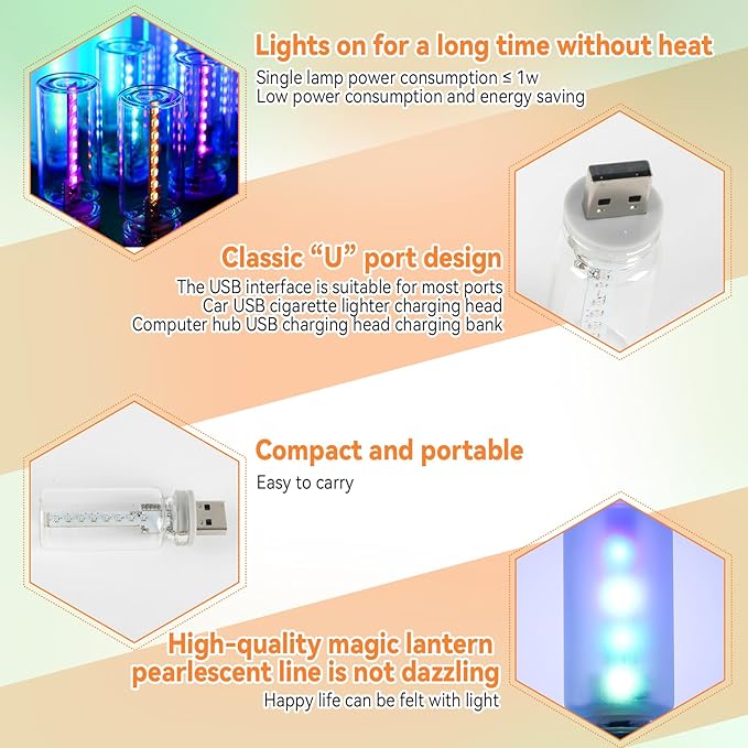 2Pcs Mini Retro Car Light, 10 Modes, Frosted & Transparent Shell, USB LED Car Interior Atmosphere Lamps, Touch-Control Portable Plug-in Glass Bottle Ambient Night Light for Camping Bedroom Party