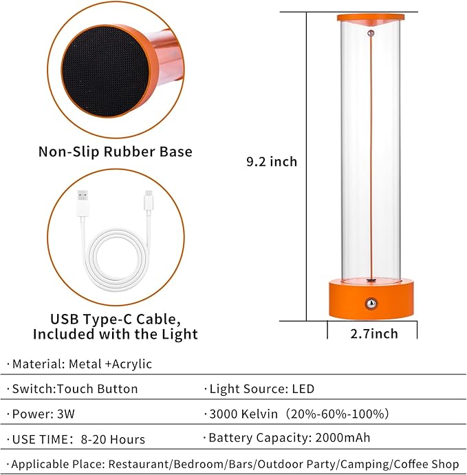 Mini Minimalist Tabe Lamp with Breathing Effect, Cordless LED Desk Lamp Rechargeable Modern Night Lights Portable for Gaming, Home Office, Bedroom, Living Room, Kitchen, Bar, Restaurant (orange)