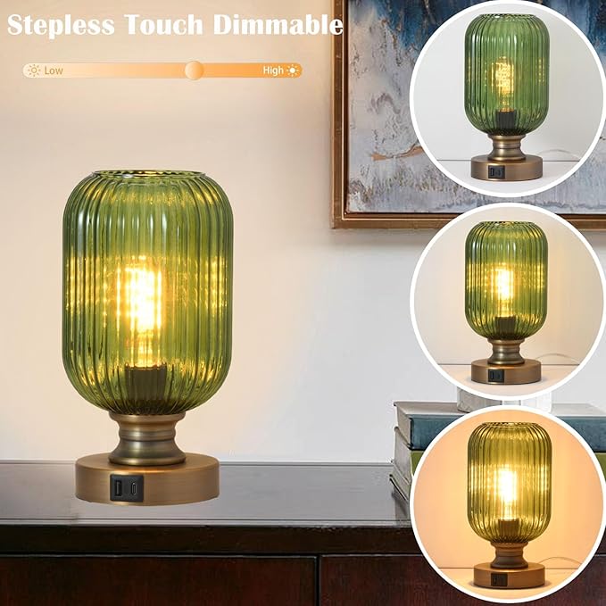 Mid Century Glass Table Lamp,Dimmable Desk Lamp,LED Bulb Included,Touch Control & USB A+C Port,Green Ribbed Glass