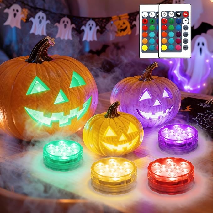 Submersible LED Lights with Remote, 16 Colors 4 Modes Battery Powered Color Changing LED Pumpkin Lights for Halloween Pumpkin Camping Bucket Décor (4 Packs)