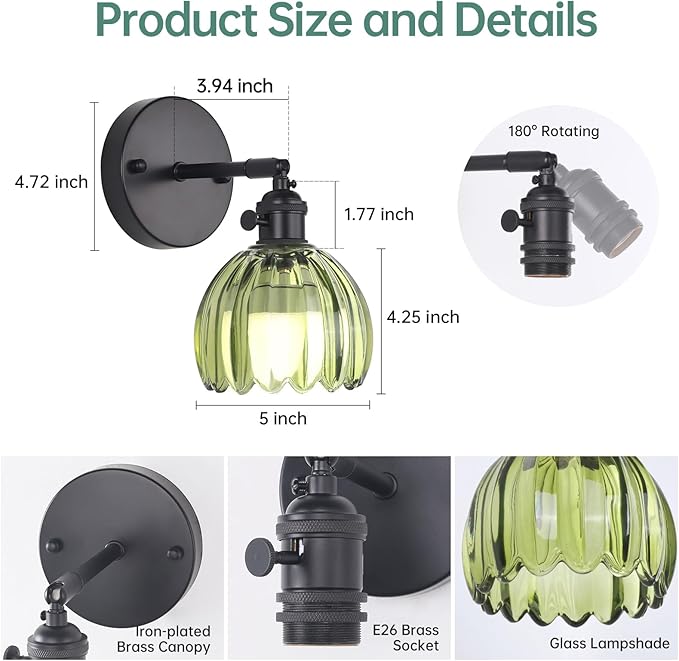 Vintage Battery Operated Wall Sconce with Green Tulip Glass Lampshade Rechargeable Battery Powered Black Wall Light with Remote Control for Bedside Bedroom Doorway, Set of 2