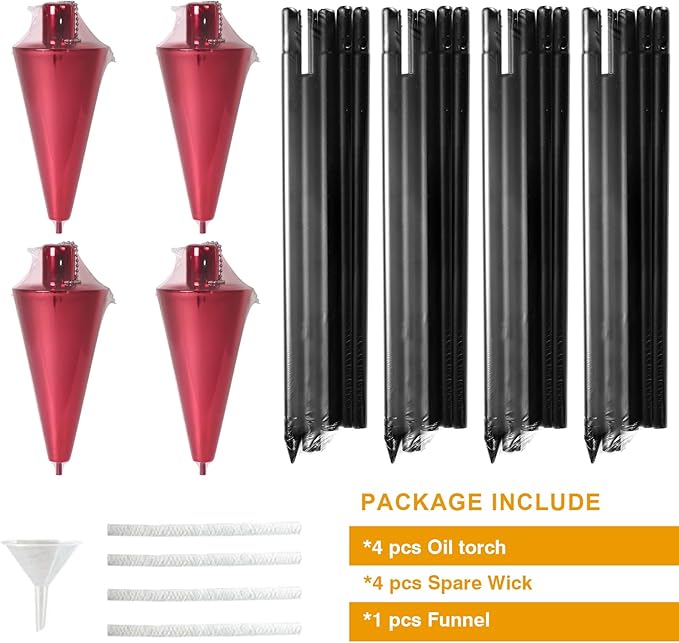 FAB BASED 55 Inch Outdoor Oil Torch Lamp–4 Pack Pieces Rustproof Stainless Steel Citronella Torches, 12.17 oz, Includes Funnel & Fiberglass Wicks for Patio Garden Backyard (Red)
