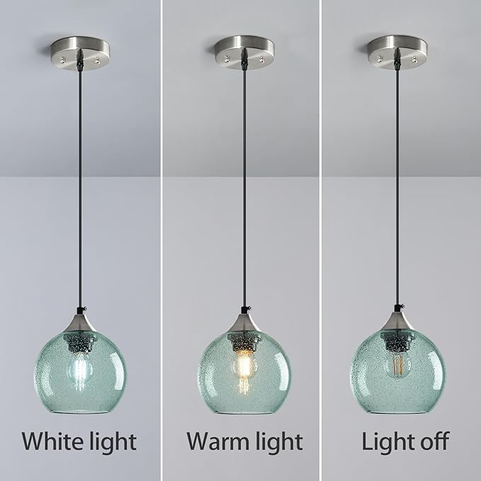Light Green Glass Pendant Lights Kitchen Island Globe Pendant Light Fixtures Modern Pendant Lighting for Bedroom Living Dining Room Light Fixture (5.9 in, 3 Pack)