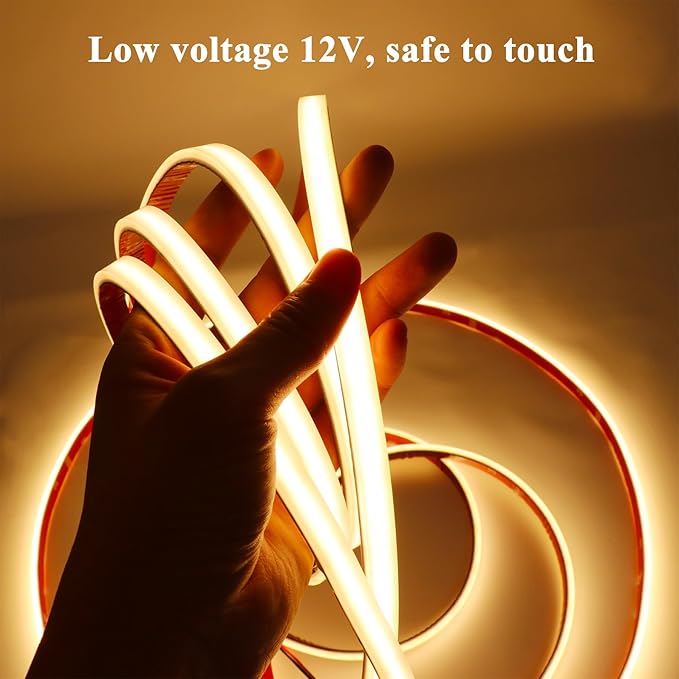 COB LED Strip Lights Waterproof IP67 Warm White 3000K DC12V 16.4ft/5m 480LEDs/m Dimmable Flexible LED Tape Lights for Bedroom Living Room Wedding Outdoor DIY Lighting