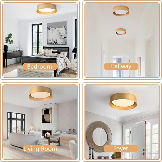 Bargeni Flush Mount Ceiling Light, 12.5 inch LED Ceiling Light Fixture, Polished Gold Finish, Dimmable/3000K/18W, Outdoor Flush Mount Lighting Fixture