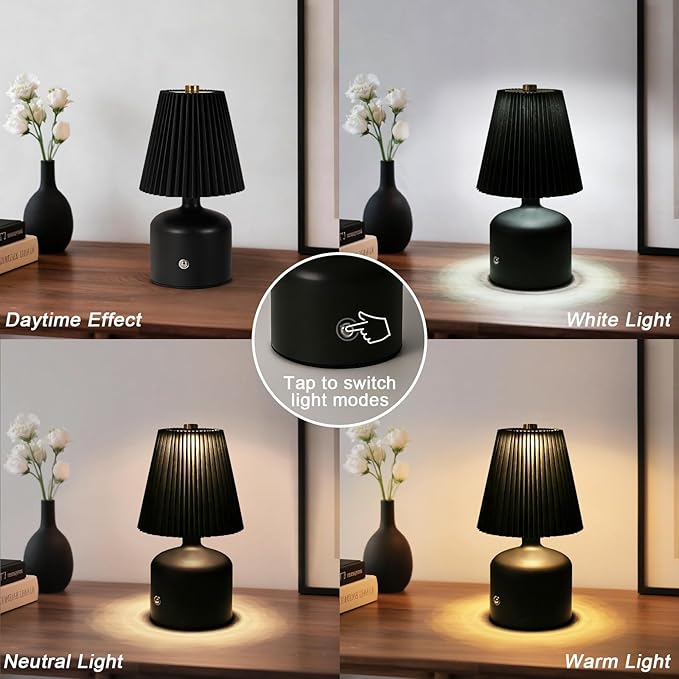 Small Cordless Table Lamp Rechargeable Desk Lamp, 3 Color Stepless Dimming, Metal Base Pleated Table Lamp for Bedside, Bedroom, Dining Room, Living Room (Black)