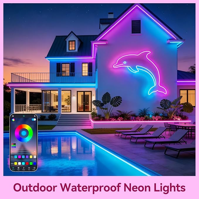 LED Neon Lights, 66FT RGB Neon Rope Lights App Control,IR Remote,Music Sync,IP67 Waterproof,Flexible DIY Design for Bedroom,Living Room,Gaming Room,Party,Outdoor,Christmas Decor(33FT*2)