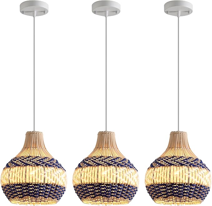 3-Pack Rattan Pendant Light,11In Blue White Hanging Light Hand-Woven Rattan Chandelier for Dining Living Bedroom Kitchen Farmhouse