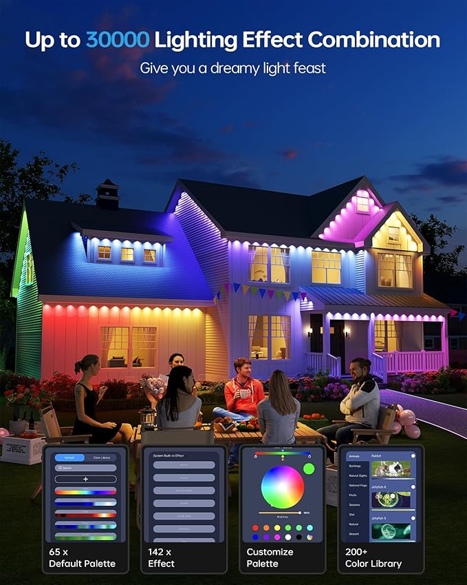 ASAHOM AI Permanent Outdoor Lights S107E, 300FT with 216 RGBCW LED Lights and Dual Output, 30,000 Lighting Effect Combination, IP67 Waterproof for House Halloween Christmas and Daily Decoration, Black
