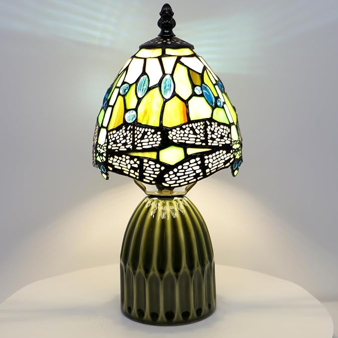 Tiffany Lamp Stained Glass Mushroom Table Lamps 6X6X12.5 Inch Amber White Dragonfly Style Small Night Light Ceramic Base Mini Accent Desk Light Suitable for Bedside Table Bedroom Children Room