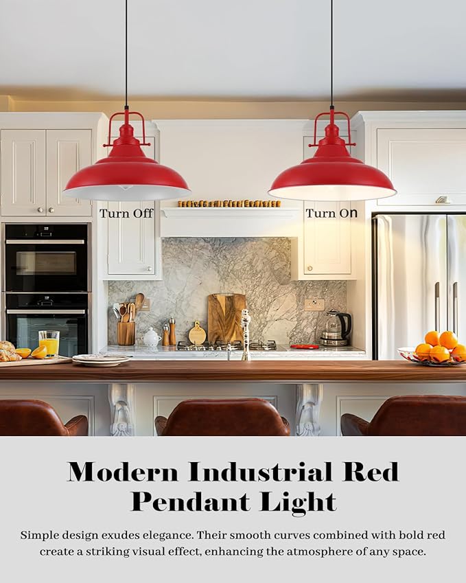 Red Pendant Light Kitchen Island,16 Inch Large Industrial Pendant Lights, Matte Red Pendant Lights, Vintage Farmhouse Pendant Light for Kitchen Island, Dining Room, Hallway (2 Pack)