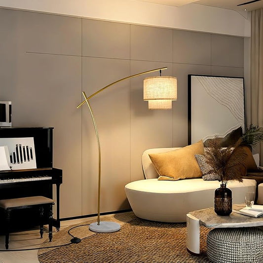 Lightdot Arc Floor Lamp for Living Room, Modern Standing Tall Lamps with Double Linen Shade, Tall Hanging Pole Lamp with Stable Base & Bulb Included for Bedroom/Sofa Beside/Corner Decor-Gold