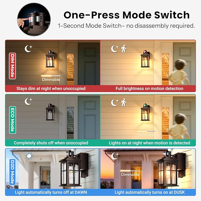 Gleamz Motion Sensor Outdoor Sconce Lights with GFCI Outlet, Farmhouse Oil Rubbed Bronze Gold Trim Dusk to Dawn Exterior Lighting Fixtures Wall Mount for House, Anti-Rust Front Porch Light for Garage
