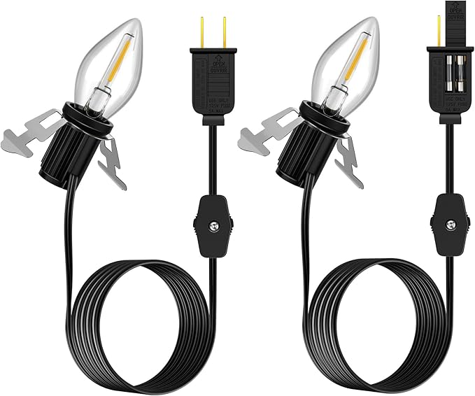 Enhon Accessory Cord with 1 LED Light Bulb, 6ft Blow Mold Light Cord with C7 Bulbs, Black Cord with On/Off Plug, Christmas Village Light for Holiday Indoor House Decoration Craft Projects(2 Pack)