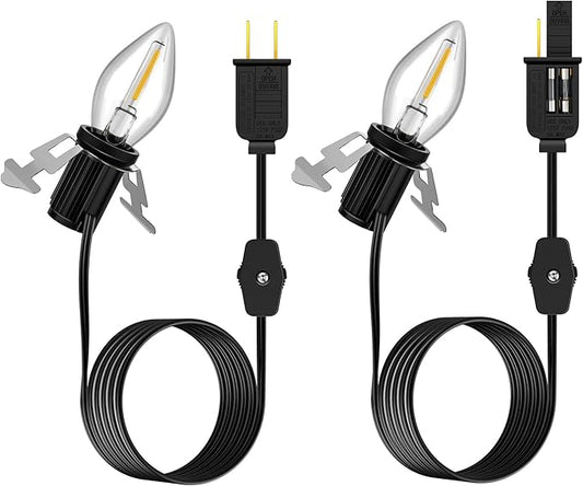 Enhon Accessory Cord with 1 LED Light Bulb, 6ft Blow Mold Light Cord with C7 Bulbs, Black Cord with On/Off Plug, Christmas Village Light for Holiday Indoor House Decoration Craft Projects(2 Pack)