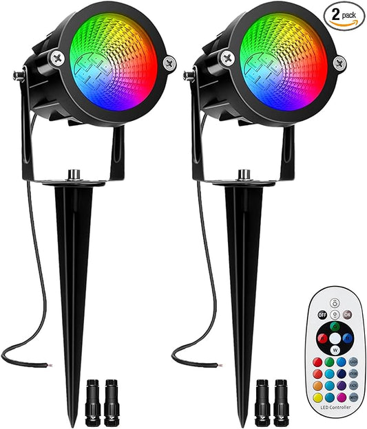 RGBW Low Voltage Landscape Lights, 10W 12/24V Color Changing Landscape Lighting with Remote, IP65 Waterproof Outdoor LED Spotlight for Garden Christmas Halloween, 2 Pack with Connectors