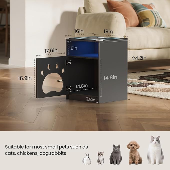 Night Stand with Charging Station and LED Lights Smart Bedside Table Adjustable RBG Lighting Decorative Cat Door Modern Nightstand Glass Tabletop Wood End Tables for Bedroom,Office
