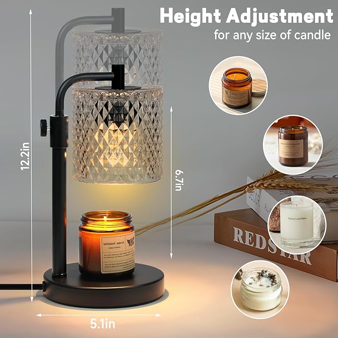 Candle Warmer Lamp with Timer, Adjustable Height Candle Warmer Glass Candle Lamp Warmer for Jar Candles, House Warming Gifts Home Decor Gifts for Women (Black-Glass)
