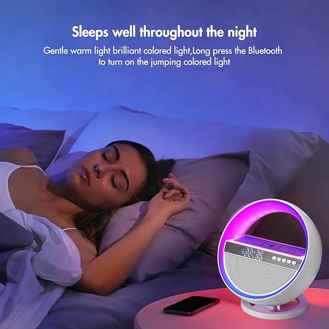 Mood Lamp with Up to 15W Wireless Charger, 6 in 1 Smart Alarm Clock, Bluetooth Speaker, LED Table Lamp with 12 RGB Colors, Bedside Nightstand Lamp, Modern Desk Lamp Gift - G5