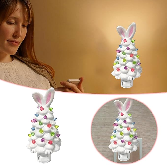 Easter Bunny Tree,Bunny lamp,Glowing Bunny Imitation Ceramic Tree,Resin Bunny Figurine with Colorful Lamp,Light Up Tree with Rabbit Ears,Easter Night Light for Home Decorations (F)