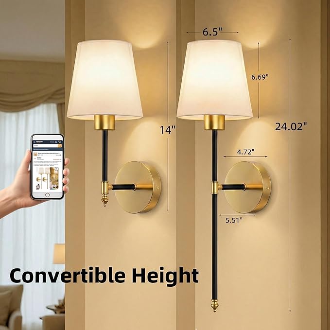 Wall Sconces Battery Operated Set of 2, Rechargeable Wall Sconce, 10 Colors Wireless Wall Sconces Set of Two, 5200mAh Dimmable Bulbs and Remote, for Bedroom Living Room, Hallway (Black-Gold - 24 inch)