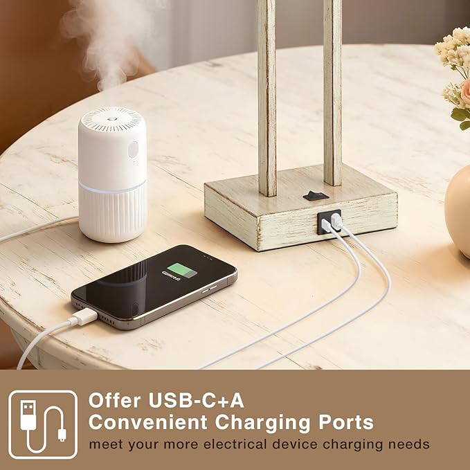 GyroVu 25.5" Nightstand Table Lamps for Bedrooms Set of 2, Bedside Lamp with USB C+A, 3 Colors Changeable Living Room Lamp, Modern Night Stand Lamps for Bed Side Guest Room Reading, Antique White