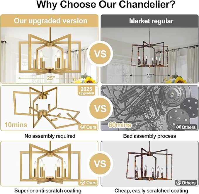 25" Modern Gold Chandelier for Dining Room, No Assembly Required Gold Dining Room Light Fixture Over Table, Industrial Metal Hanging Pendant Lights Fixture for Kitchen Island, Entryway, Foyer