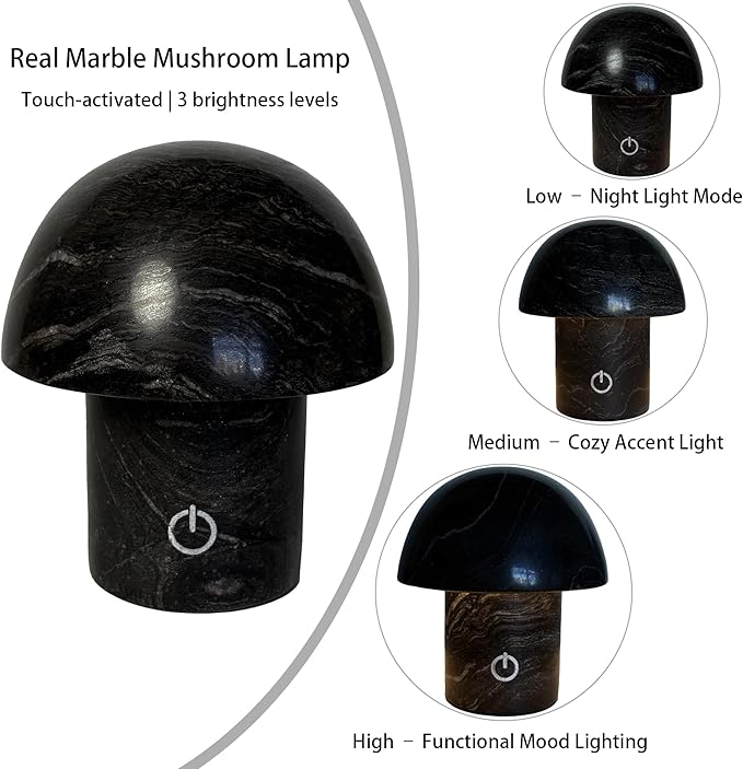 Hand-Polished Natural Marble Mushroom Lamp, Rechargeable LED Stone Night Light with Touch Control and 3 Brightness Levels, Sculptural Bedside Ambient Decor Light for Modern Home