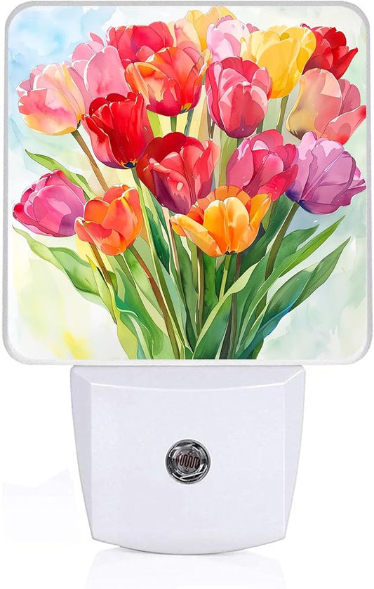Vintage Tulips Night Light,Plug-in Night Lights with Dusk-to-Dawn Sensor for Bedroom,Bathroom and Living Room Sleep Friendly lamp 0.5w