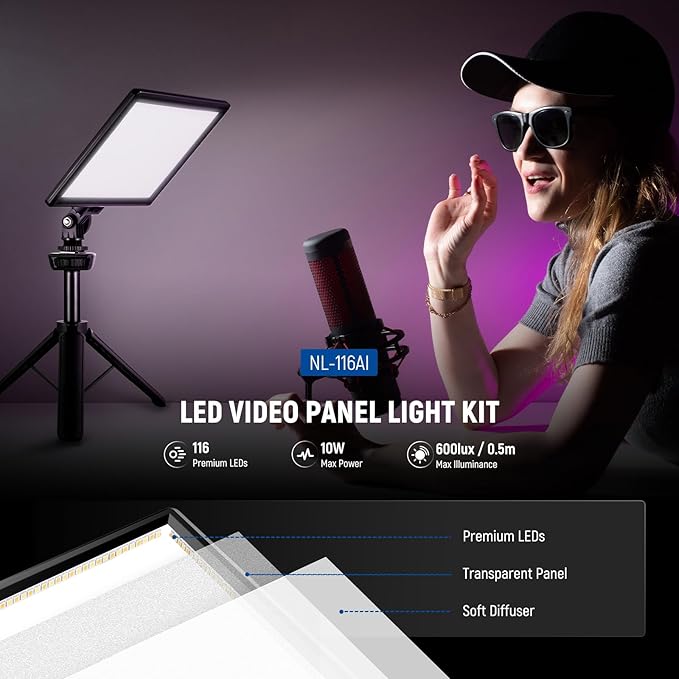 NEEWER 9" LED Camera Video Light Panel, 4000mAh USB C Dimmable DSLR Soft Key Lighting 3200K-5600K CRI95+ for Studio Photography Recording Streaming, Mini Desk Tripod Stand, Cleaning Cloth, NL-116AI