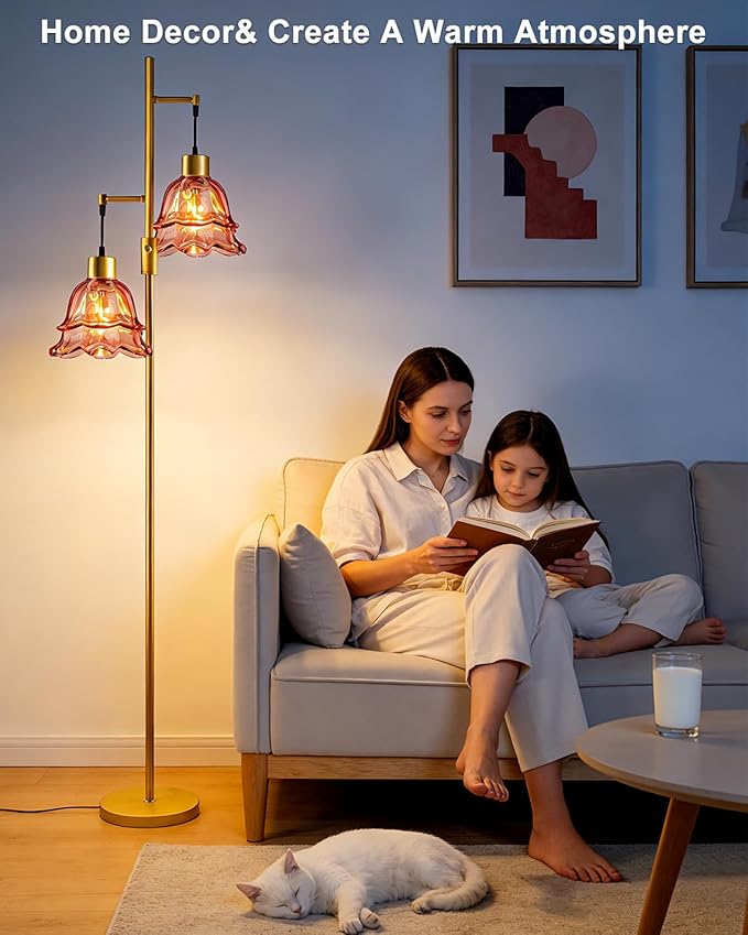 2-Light Gold Dimmable Floor Lamp for Living Room, 65IN Tall Standing Lamps with Deep Red Glass Lampshade, 3000K Warmwhite Mid Century Modern Floor Lamp for Bedroom/Sofa Beside/Corner Decor