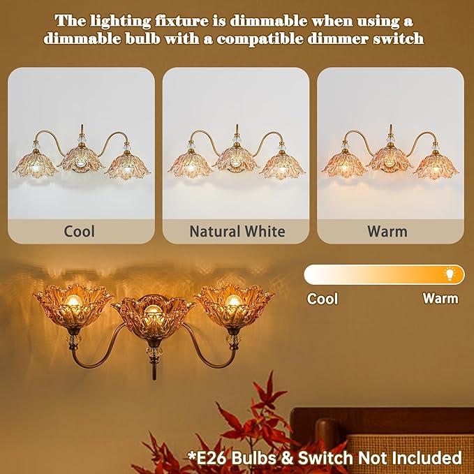 Vintage 3-Light Bathroom Vanity Light | Matte Brass & Flower Amber Glass Wall Sconce