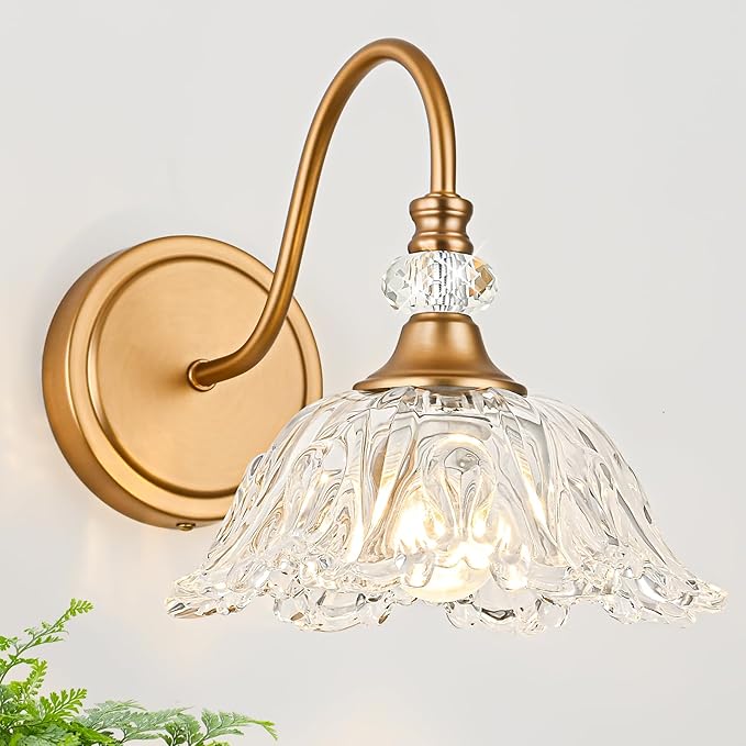 1 Piece Vintage Wall Sconce with Floral Clear Glass Shade, Matte Deep Brass Finish Wall Mount Lighting for Bathroom,Vintage Bathroom Vanity Light Fixture