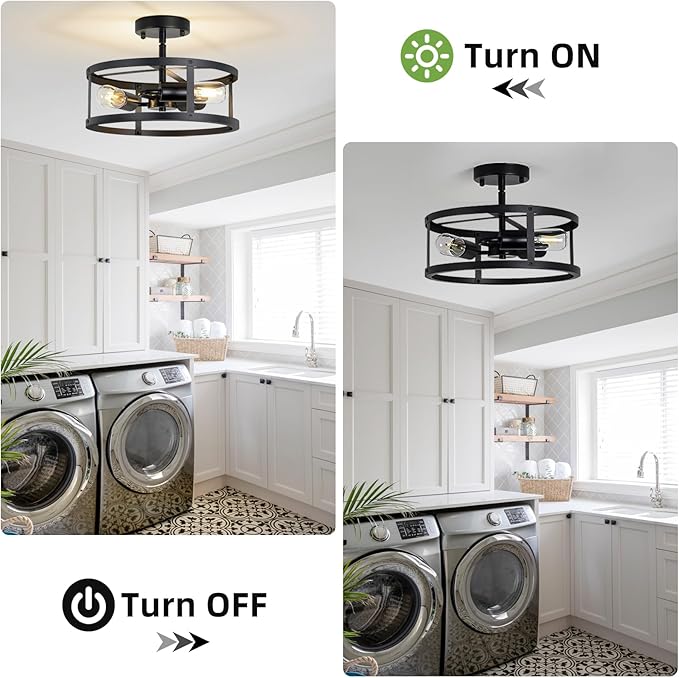 Farmhouse Semi Flush Mount Ceiling Light, 3-Light Black Metal Cage Rustic Chandelier, Industrial Pendant Lighting for Hallway, Bedroom, Kitchen, Foyer, Living Room, Dining Room, Entryway